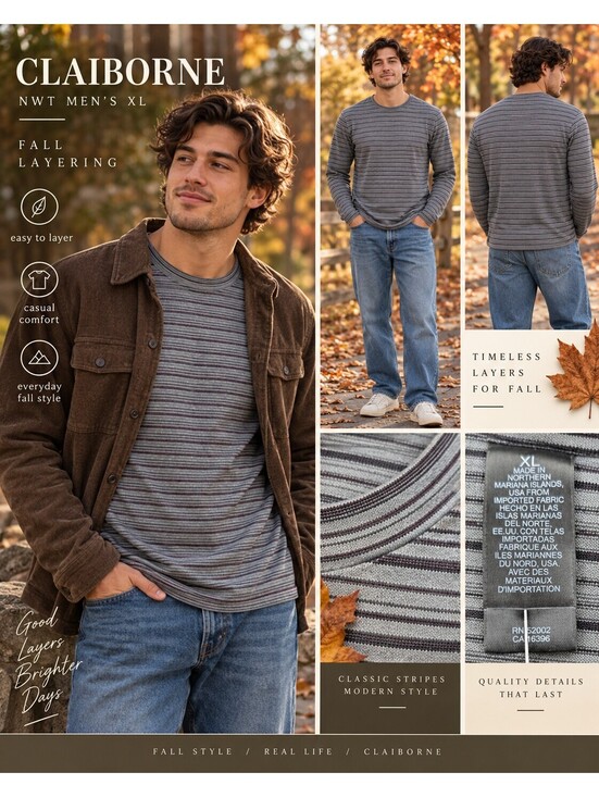 Other - NWT Claiborne Men’s XL Grey Stripe Long Sleeve Tee Y2K Grunge Minimalist Layer
